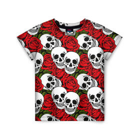 Детская футболка 3D с принтом Черепа в розах в Санкт-Петербурге, 100% гипоаллергенный полиэфир | прямой крой, круглый вырез горловины, длина до линии бедер, чуть спущенное плечо, ткань немного тянется | music | rock | skull | музыка | рок | череп | черепа