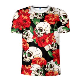 Мужская футболка 3D спортивная с принтом Черепки и розы в Санкт-Петербурге, 100% полиэстер с улучшенными характеристиками | приталенный силуэт, круглая горловина, широкие плечи, сужается к линии бедра | music | rock | skull | музыка | рок | череп | черепа