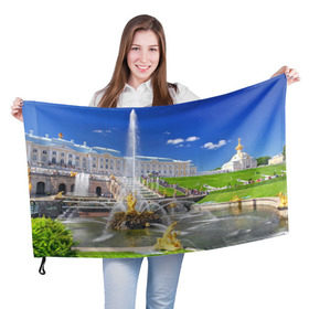 Флаг 3D с принтом Петергоф в Санкт-Петербурге, 100% полиэстер | плотность ткани — 95 г/м2, размер — 67 х 109 см. Принт наносится с одной стороны | russia | saint petersburg | интеллигенция | культурная столица | мосты | нева | петергоф | питер | россия | санкт петербург | фантаны | финский залив | хипстер
