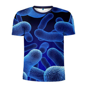 Мужская футболка 3D спортивная с принтом Молекула в Санкт-Петербурге, 100% полиэстер с улучшенными характеристиками | приталенный силуэт, круглая горловина, широкие плечи, сужается к линии бедра | Тематика изображения на принте: медицина | микроб | молекула | синяя