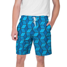 Мужские шорты 3D с принтом Blue cube в Санкт-Петербурге,  полиэстер 100% | прямой крой, два кармана без застежек по бокам. Мягкая трикотажная резинка на поясе, внутри которой широкие завязки. Длина чуть выше колен | Тематика изображения на принте: кубы | паттерн | синий