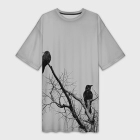 Платье-футболка 3D с принтом Вороны на ветке в Санкт-Петербурге,  |  | Тематика изображения на принте: ветки | вороны | дерево