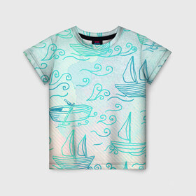 Детская футболка 3D с принтом Лазурные корабли в Санкт-Петербурге, 100% гипоаллергенный полиэфир | прямой крой, круглый вырез горловины, длина до линии бедер, чуть спущенное плечо, ткань немного тянется | Тематика изображения на принте: арт | волны | корабли | лодки | море | океан