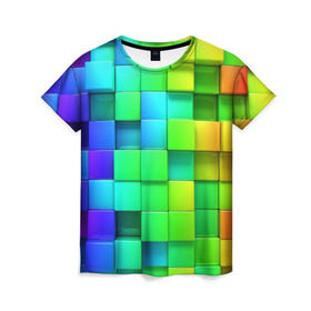 Женская футболка 3D с принтом Кубики в Санкт-Петербурге, 100% полиэфир ( синтетическое хлопкоподобное полотно) | прямой крой, круглый вырез горловины, длина до линии бедер | квадраты | кубики | радуга | разноцветные
