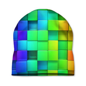 Шапка 3D с принтом Кубики в Санкт-Петербурге, 100% полиэстер | универсальный размер, печать по всей поверхности изделия | квадраты | кубики | радуга | разноцветные