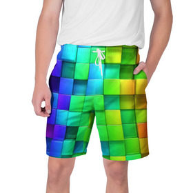 Мужские шорты 3D с принтом Кубики в Санкт-Петербурге,  полиэстер 100% | прямой крой, два кармана без застежек по бокам. Мягкая трикотажная резинка на поясе, внутри которой широкие завязки. Длина чуть выше колен | квадраты | кубики | радуга | разноцветные