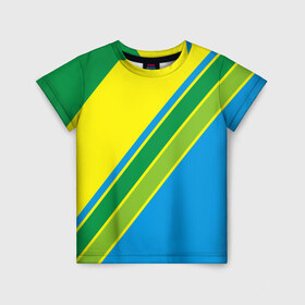Детская футболка 3D с принтом Линии в Санкт-Петербурге, 100% гипоаллергенный полиэфир | прямой крой, круглый вырез горловины, длина до линии бедер, чуть спущенное плечо, ткань немного тянется | абстракция | желтый | зеленый | линии | полоски | полосы | разноцветные | синий | текстура