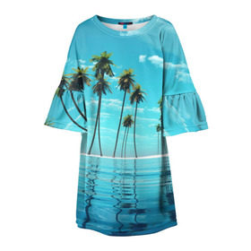 Детское платье 3D с принтом Фиджи в Санкт-Петербурге, 100% полиэстер | прямой силуэт, чуть расширенный к низу. Круглая горловина, на рукавах — воланы | Тематика изображения на принте: архипелаг | загар | каникулы | королевство | море | остров | отдых | отпуск | пальмы | песок | рай | солнце | тихий океан | туризм | фиджи