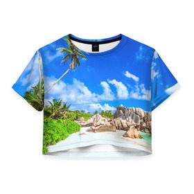 Женская футболка 3D укороченная с принтом Сейшельские острова в Санкт-Петербурге, 100% полиэстер | круглая горловина, длина футболки до линии талии, рукава с отворотами | seychelles | восточная африка | индийский океан | каникулы | море | островное государство | отдых | отпуск | пальмы | песок | пляж | приключение | путешествие | рай | сейшелы | сейшельские острова | туризм