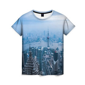 Женская футболка 3D с принтом Шанхай в Санкт-Петербурге, 100% полиэфир ( синтетическое хлопкоподобное полотно) | прямой крой, круглый вырез горловины, длина до линии бедер | asia | china | shanghai | азия | высотки | китай | мегаполис | центр торговли | шанхай