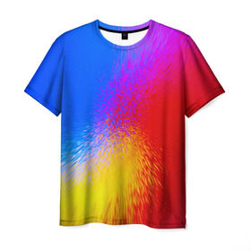 Мужская футболка 3D с принтом Взрыв красок в Санкт-Петербурге, 100% полиэфир | прямой крой, круглый вырез горловины, длина до линии бедер | брызги | желтый | красный | синий