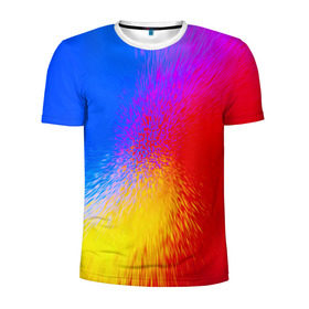 Мужская футболка 3D спортивная с принтом Взрыв красок в Санкт-Петербурге, 100% полиэстер с улучшенными характеристиками | приталенный силуэт, круглая горловина, широкие плечи, сужается к линии бедра | Тематика изображения на принте: брызги | желтый | красный | синий