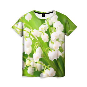 Женская футболка 3D с принтом Ландыши в Санкт-Петербурге, 100% полиэфир ( синтетическое хлопкоподобное полотно) | прямой крой, круглый вырез горловины, длина до линии бедер | весна | ландыш | цветок