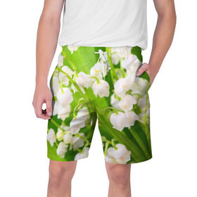 Мужские шорты 3D с принтом Ландыши в Санкт-Петербурге,  полиэстер 100% | прямой крой, два кармана без застежек по бокам. Мягкая трикотажная резинка на поясе, внутри которой широкие завязки. Длина чуть выше колен | весна | ландыш | цветок