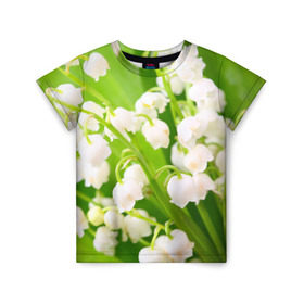 Детская футболка 3D с принтом Ландыши в Санкт-Петербурге, 100% гипоаллергенный полиэфир | прямой крой, круглый вырез горловины, длина до линии бедер, чуть спущенное плечо, ткань немного тянется | весна | ландыш | цветок
