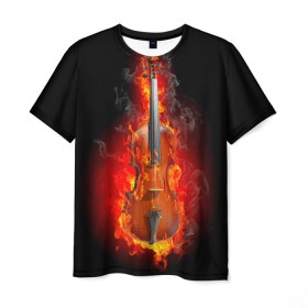 Мужская футболка 3D с принтом Скрипка в Санкт-Петербурге, 100% полиэфир | прямой крой, круглый вырез горловины, длина до линии бедер | креатив | музыка | огонь | пламя | скрипка | черная