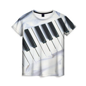 Женская футболка 3D с принтом Клавиши в Санкт-Петербурге, 100% полиэфир ( синтетическое хлопкоподобное полотно) | прямой крой, круглый вырез горловины, длина до линии бедер | белая | клавиши | музыка | пианино | черная