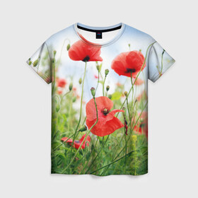 Женская футболка 3D с принтом Дикий мак в Санкт-Петербурге, 100% полиэфир ( синтетическое хлопкоподобное полотно) | прямой крой, круглый вырез горловины, длина до линии бедер | зелень | лето | луг | лужайка | мак | небо | облака | поле | полевые цветы | природа | растения | растительность