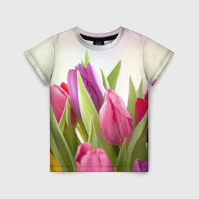Детская футболка 3D с принтом Тюльпаны в Санкт-Петербурге, 100% гипоаллергенный полиэфир | прямой крой, круглый вырез горловины, длина до линии бедер, чуть спущенное плечо, ткань немного тянется | 8 марта | аромат | букет | вазон | великолепие | дача | девушки | женщины | краски | красота | куст | лужайка | милые цветы | огород | палитра | прелесть | радуга | растение | тюльпаны