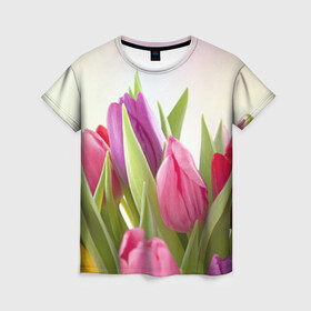 Женская футболка 3D с принтом Тюльпаны в Санкт-Петербурге, 100% полиэфир ( синтетическое хлопкоподобное полотно) | прямой крой, круглый вырез горловины, длина до линии бедер | 8 марта | аромат | букет | вазон | великолепие | дача | девушки | женщины | краски | красота | куст | лужайка | милые цветы | огород | палитра | прелесть | радуга | растение | тюльпаны