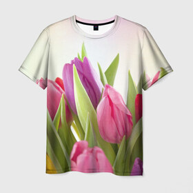 Мужская футболка 3D с принтом Тюльпаны в Санкт-Петербурге, 100% полиэфир | прямой крой, круглый вырез горловины, длина до линии бедер | 8 марта | аромат | букет | вазон | великолепие | дача | девушки | женщины | краски | красота | куст | лужайка | милые цветы | огород | палитра | прелесть | радуга | растение | тюльпаны