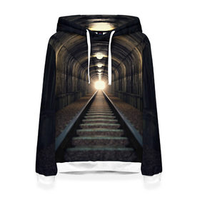 Женская толстовка 3D с принтом Бескрайний тоннель в Санкт-Петербурге, 100% полиэстер  | двухслойный капюшон со шнурком для регулировки, мягкие манжеты на рукавах и по низу толстовки, спереди карман-кенгуру с мягким внутренним слоем. | Тематика изображения на принте: железная дорога | иллюзия | коридор | свет в конце тоннеля | тоннель