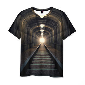 Мужская футболка 3D с принтом Бескрайний тоннель в Санкт-Петербурге, 100% полиэфир | прямой крой, круглый вырез горловины, длина до линии бедер | Тематика изображения на принте: железная дорога | иллюзия | коридор | свет в конце тоннеля | тоннель