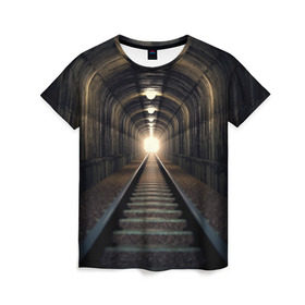 Женская футболка 3D с принтом Бескрайний тоннель в Санкт-Петербурге, 100% полиэфир ( синтетическое хлопкоподобное полотно) | прямой крой, круглый вырез горловины, длина до линии бедер | Тематика изображения на принте: железная дорога | иллюзия | коридор | свет в конце тоннеля | тоннель