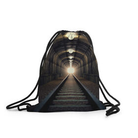 Рюкзак-мешок 3D с принтом Бескрайний тоннель в Санкт-Петербурге, 100% полиэстер | плотность ткани — 200 г/м2, размер — 35 х 45 см; лямки — толстые шнурки, застежка на шнуровке, без карманов и подкладки | железная дорога | иллюзия | коридор | свет в конце тоннеля | тоннель
