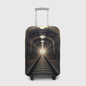 Чехол для чемодана 3D с принтом Бескрайний тоннель в Санкт-Петербурге, 86% полиэфир, 14% спандекс | двустороннее нанесение принта, прорези для ручек и колес | Тематика изображения на принте: железная дорога | иллюзия | коридор | свет в конце тоннеля | тоннель