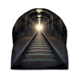 Шапка 3D с принтом Бескрайний тоннель в Санкт-Петербурге, 100% полиэстер | универсальный размер, печать по всей поверхности изделия | Тематика изображения на принте: железная дорога | иллюзия | коридор | свет в конце тоннеля | тоннель