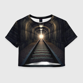 Женская футболка 3D укороченная с принтом Бескрайний тоннель в Санкт-Петербурге, 100% полиэстер | круглая горловина, длина футболки до линии талии, рукава с отворотами | Тематика изображения на принте: железная дорога | иллюзия | коридор | свет в конце тоннеля | тоннель