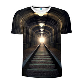 Мужская футболка 3D спортивная с принтом Бескрайний тоннель в Санкт-Петербурге, 100% полиэстер с улучшенными характеристиками | приталенный силуэт, круглая горловина, широкие плечи, сужается к линии бедра | железная дорога | иллюзия | коридор | свет в конце тоннеля | тоннель