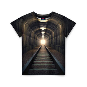 Детская футболка 3D с принтом Бескрайний тоннель в Санкт-Петербурге, 100% гипоаллергенный полиэфир | прямой крой, круглый вырез горловины, длина до линии бедер, чуть спущенное плечо, ткань немного тянется | Тематика изображения на принте: железная дорога | иллюзия | коридор | свет в конце тоннеля | тоннель