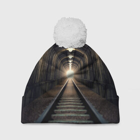 Шапка 3D c помпоном с принтом Бескрайний тоннель в Санкт-Петербурге, 100% полиэстер | универсальный размер, печать по всей поверхности изделия | железная дорога | иллюзия | коридор | свет в конце тоннеля | тоннель