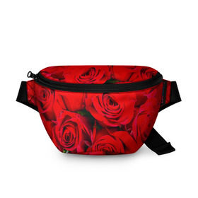 Поясная сумка 3D с принтом Розы в Санкт-Петербурге, 100% полиэстер | плотная ткань, ремень с регулируемой длиной, внутри несколько карманов для мелочей, основное отделение и карман с обратной стороны сумки застегиваются на молнию | букет | красная | лепестки | роза | цветы