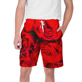 Мужские шорты 3D с принтом Розы в Санкт-Петербурге,  полиэстер 100% | прямой крой, два кармана без застежек по бокам. Мягкая трикотажная резинка на поясе, внутри которой широкие завязки. Длина чуть выше колен | букет | красная | лепестки | роза | цветы