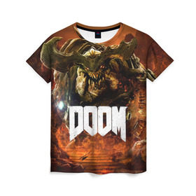 Женская футболка 3D с принтом Doom 4 Hell Cyberdemon в Санкт-Петербурге, 100% полиэфир ( синтетическое хлопкоподобное полотно) | прямой крой, круглый вырез горловины, длина до линии бедер | Тематика изображения на принте: cyberdemon | demon | doom | hell | дум