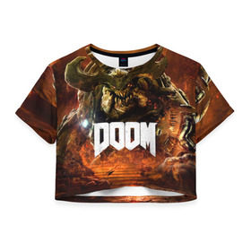 Женская футболка 3D укороченная с принтом Doom 4 Hell Cyberdemon в Санкт-Петербурге, 100% полиэстер | круглая горловина, длина футболки до линии талии, рукава с отворотами | cyberdemon | demon | doom | hell | дум