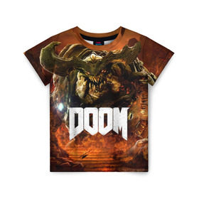 Детская футболка 3D с принтом Doom 4 Hell Cyberdemon в Санкт-Петербурге, 100% гипоаллергенный полиэфир | прямой крой, круглый вырез горловины, длина до линии бедер, чуть спущенное плечо, ткань немного тянется | Тематика изображения на принте: cyberdemon | demon | doom | hell | дум