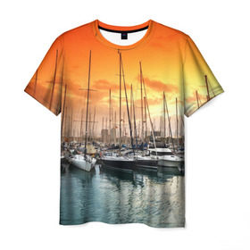 Мужская футболка 3D с принтом Barcelona в Санкт-Петербурге, 100% полиэфир | прямой крой, круглый вырез горловины, длина до линии бедер | barcelona | spain | барселона | европа | закат | испания | каталония | море | парусник | фрегат | яхта