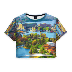 Женская футболка 3D укороченная с принтом Швеция в Санкт-Петербурге, 100% полиэстер | круглая горловина, длина футболки до линии талии, рукава с отворотами | europe | stockholm | sweden | европа | ес | каникулы | отпуск | стокгольм | туризм | швеция