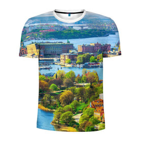 Мужская футболка 3D спортивная с принтом Швеция в Санкт-Петербурге, 100% полиэстер с улучшенными характеристиками | приталенный силуэт, круглая горловина, широкие плечи, сужается к линии бедра | europe | stockholm | sweden | европа | ес | каникулы | отпуск | стокгольм | туризм | швеция