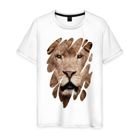 Мужская футболка хлопок с принтом Грозный лев в Санкт-Петербурге, 100% хлопок | прямой крой, круглый вырез горловины, длина до линии бедер, слегка спущенное плечо. | leo | lion | власть | вырез | дикая кошка | животное | зверь | король джунглей | лев | лик | мощь | мудрость | охотник | сила | след | хищник | царь зверей