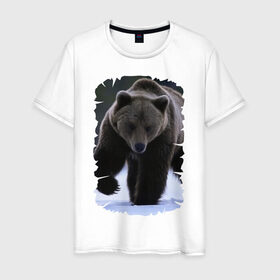 Мужская футболка хлопок с принтом Русский медведь в Санкт-Петербурге, 100% хлопок | прямой крой, круглый вырез горловины, длина до линии бедер, слегка спущенное плечо. | берлога | животное | зверь | косолапый | медведь | мишка | потапыч | хищник | хозяин тайги