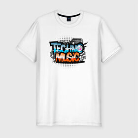Мужская футболка премиум с принтом Techno music Музыка техно в Санкт-Петербурге, 92% хлопок, 8% лайкра | приталенный силуэт, круглый вырез ворота, длина до линии бедра, короткий рукав | Тематика изображения на принте: 