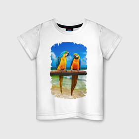 Детская футболка хлопок с принтом Попугаи в Санкт-Петербурге, 100% хлопок | круглый вырез горловины, полуприлегающий силуэт, длина до линии бедер | Тематика изображения на принте: джунгли | клюв | острова | перья | попугай | птица | тропики | экзотика