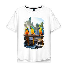 Мужская футболка хлопок Oversize с принтом Попугаи на ветке в Санкт-Петербурге, 100% хлопок | свободный крой, круглый ворот, “спинка” длиннее передней части | джунгли | клюв | острова | перья | попугай | птица | тропики | экзотика
