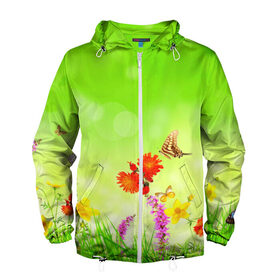 Мужская ветровка 3D с принтом Цветы в Санкт-Петербурге, 100% полиэстер | подол и капюшон оформлены резинкой с фиксаторами, два кармана без застежек по бокам, один потайной карман на груди | бабочка | красивая | насекомые | природа | цветок