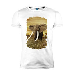 Мужская футболка премиум с принтом Могучий слон в Санкт-Петербурге, 92% хлопок, 8% лайкра | приталенный силуэт, круглый вырез ворота, длина до линии бедра, короткий рукав | elephant | африка | бивни | джунгли | мамонт | савана | сафари | слон | хобот